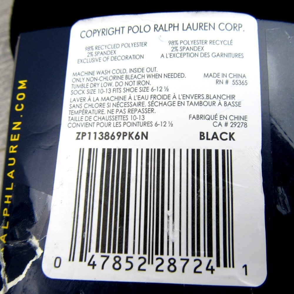 Polo Ralph Lauren Classic Sport Low Cut Socks Mens Size 6-13 Black (6-Pack) NEW - Picture 9 of 9